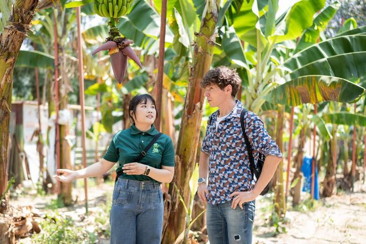 ▲「一粒米－吉雷米」參觀旗山糖廠旁的香蕉園。　圖：高雄市政府觀光局／提供