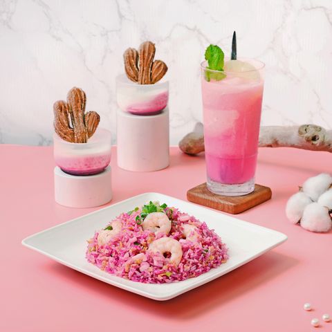 ▲澎湖仙人掌汁入饌的期間限定「粉紅派對」粉嫩系美食。　圖：檀島香港餐廳／提供