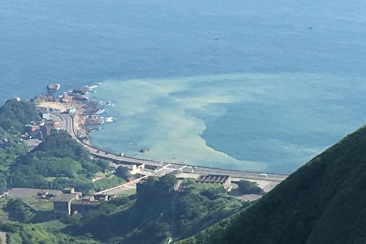▲金瓜石山上富有大量黃鐵礦，風化後形成銅、鐵離子，融入水中後成為陰陽海黃藍漸層獨特美景。　圖：吳乾正／提供