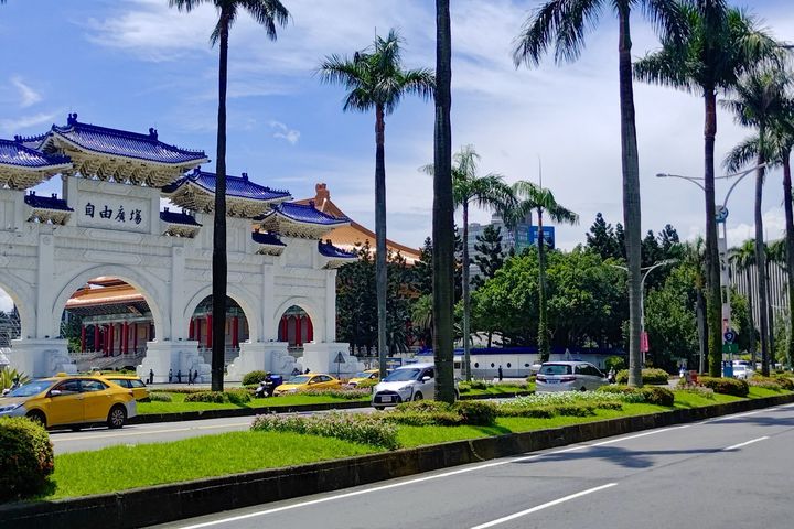 ▲中正紀念堂前日日春與兩側高聳棕櫚樹相互輝映。　圖：臺北市政府工務局／提供
