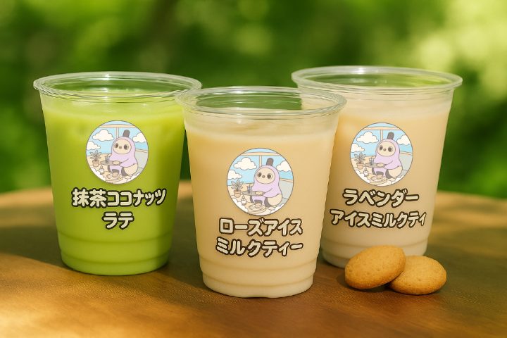 ▲輕食飲料套票有三種飲品可以做挑選，從左依序是抹茶椰子拿鐵、玫瑰花茶拿鐵、薰衣草茶拿鐵。　圖：OSAKA WHEEL／提供