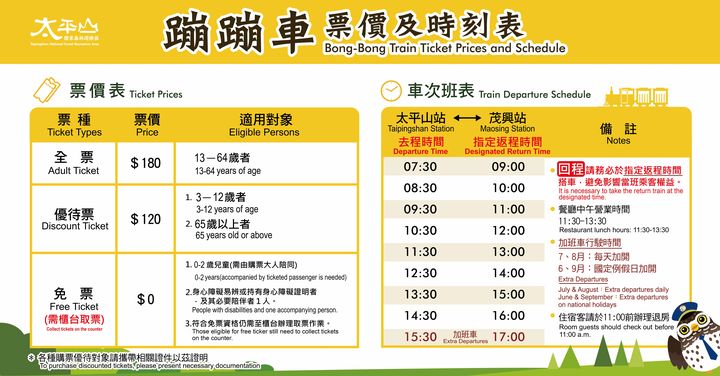▲太平山蹦蹦車票價及班次表。　圖：農業部林業及自然保育署宜蘭分署／提供